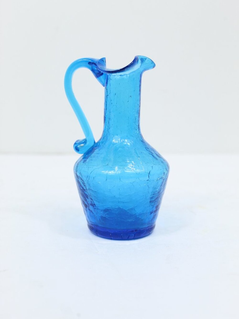 MCM ART GLASS HAND BLOWN AZURE BLUE CRACKLE GLASS CRUET BOTTLE VASE 5" VINTAGE